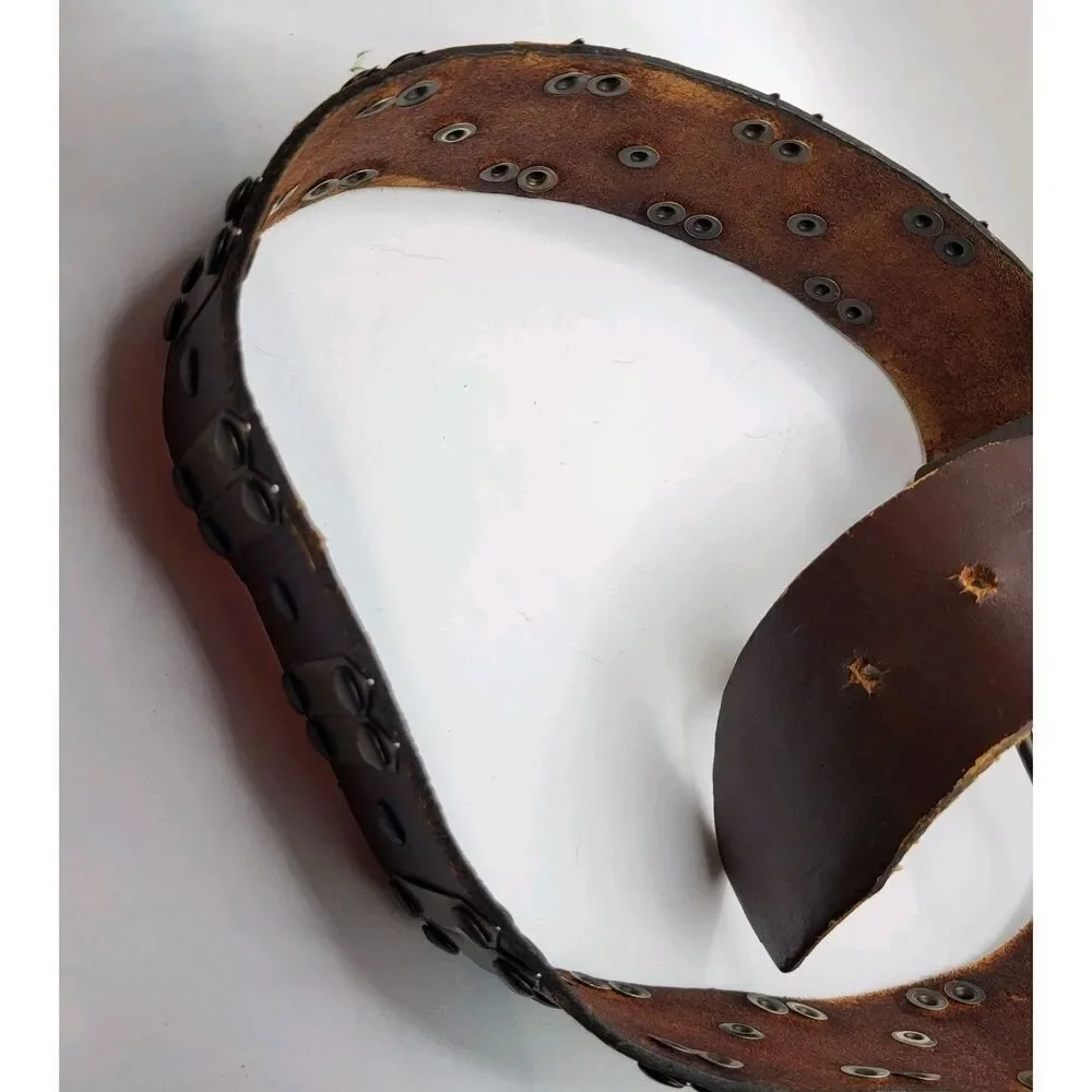 Bohemian Leather Belt With Brass Details Wide Small Length 27.5in to 32.5in